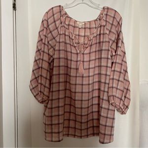 Soft Joie Tunic Blouse in Plaid with Tassels. Size Medium